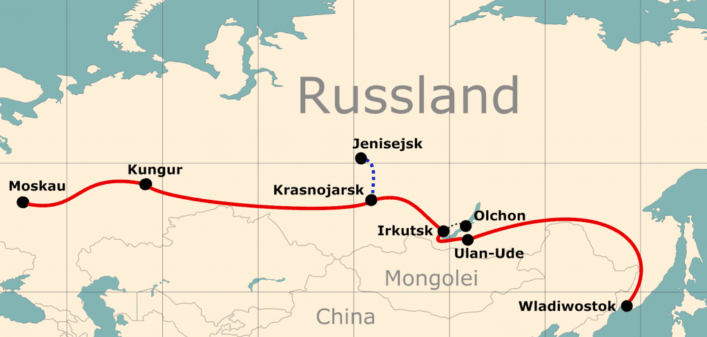 Karte von der Reiseroute 24 Tage Moskau - Wladiwostok
