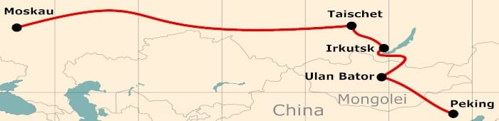 Kleine Karte von der Reiseroute 16 Tage Moskau - Peking